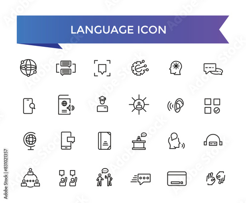 Language icon collection. Related to communication, translate, speech, non-verbal, writing, speaking, dictionary, text, language skills and vocabulary icons .