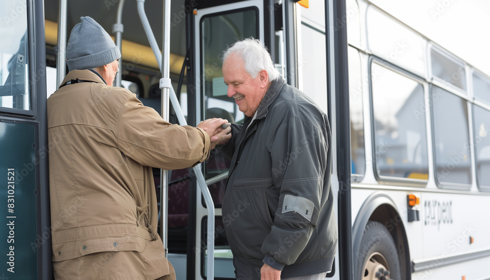 A bus driver helping an elderly passenger onto the bus, offering a steady hand and a kind smile, ensuring their safety and comfort, with copy space A bus driver helping an elderly passenger onto the bus, offering a steady hand and a kind smile, ensuring their safety and comfort, with copy space