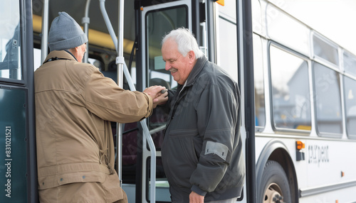 A bus driver helping an elderly passenger onto the bus, offering a steady hand and a kind smile, ensuring their safety and comfort, with copy space