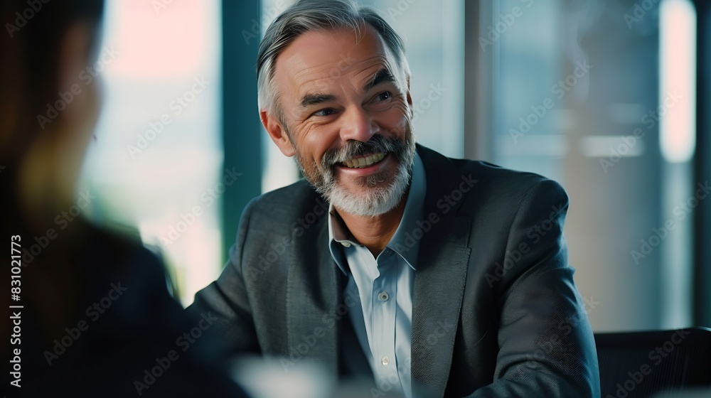 Smiling mature businessman discussing during meeting in board room at office : Generative AI Smiling mature businessman discussing during meeting in board room at office : Generative AI