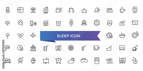 Sleep icon collection. Related to sleeping, bedroom, dream, pillow, bed, alarm clock, insomnia, night, rest and sleep disorders icons. Line icon set.