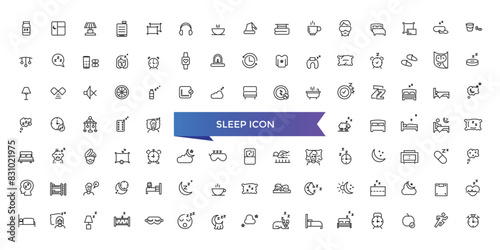 Sleep icon collection. Related to sleeping, bedroom, dream, pillow, bed, alarm clock, insomnia, night, rest and sleep disorders icons. Line icon set.
