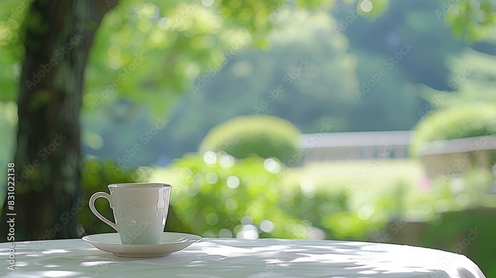 Relaxing morning with coffee cup on cafe table overlooking lush garden time-lapse loop 4k footage Relaxing morning with coffee cup on cafe table overlooking lush garden time-lapse loop 4k footage