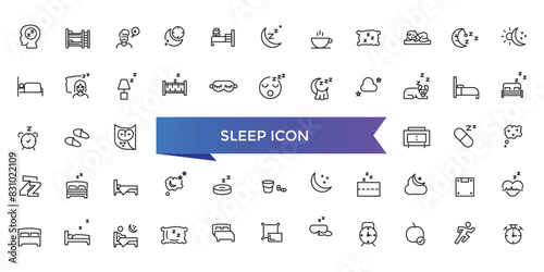 Sleep icon collection. Related to sleeping, bedroom, dream, pillow, bed, alarm clock, insomnia, night, rest and sleep disorders icons. Line icon set.