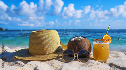 A serene coastal view featuring a straw hat  a coconut cocktail  and round sunglasses on a sandy beach