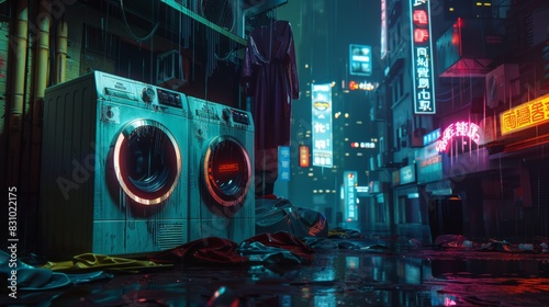 A white washing machine is sitting on the floor in front of a building with Chin photo