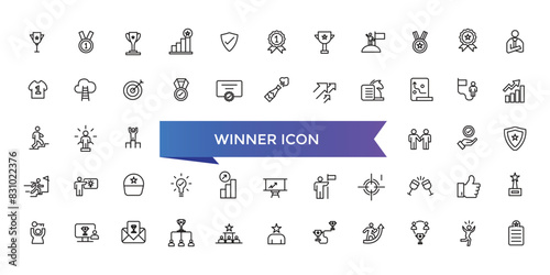 Winner icon collection. Related to victory, success, prize, celebration, podium, win money, finish line and trophy icons. Line icon set.