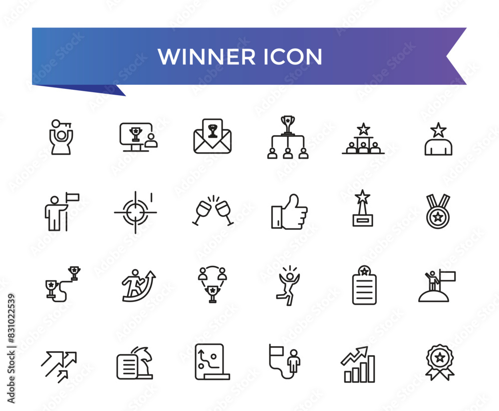 Winner icon collection. Related to victory, success, prize, celebration, podium, win money, finish line and trophy icons. Line icon set.