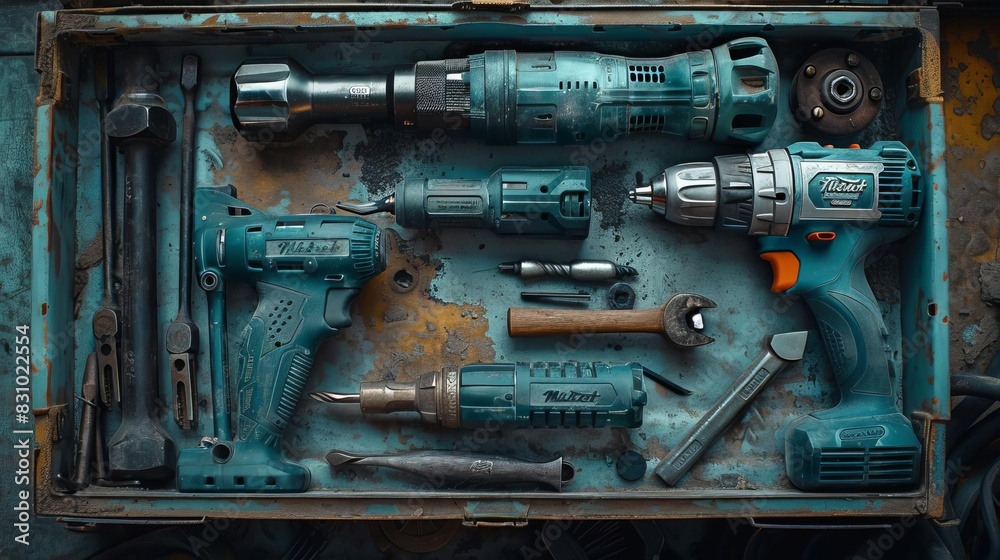 Makita tool set Lies in a box, ultrarealistic photo Makita tool set Lies in a box, ultrarealistic photo