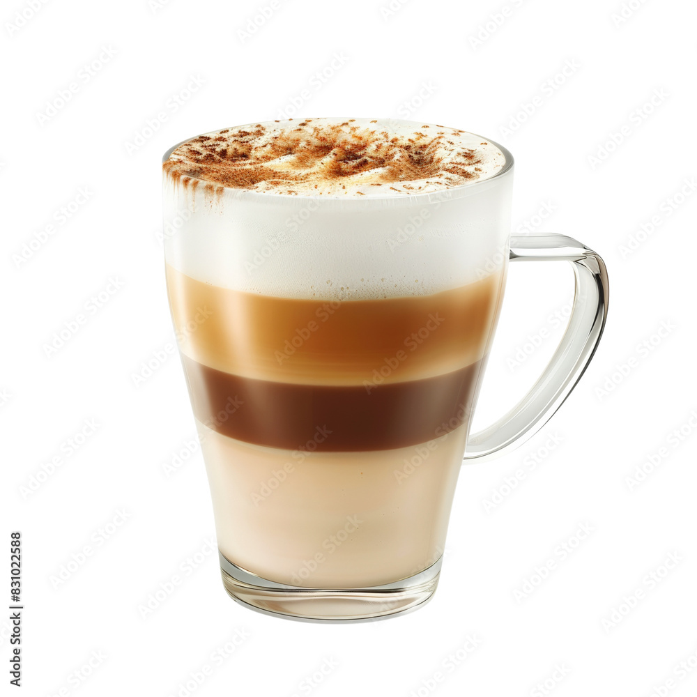 A latte with a layer of foam, espresso and milk, sprinkled with cinnamon A latte with a layer of foam, espresso and milk, sprinkled with cinnamon