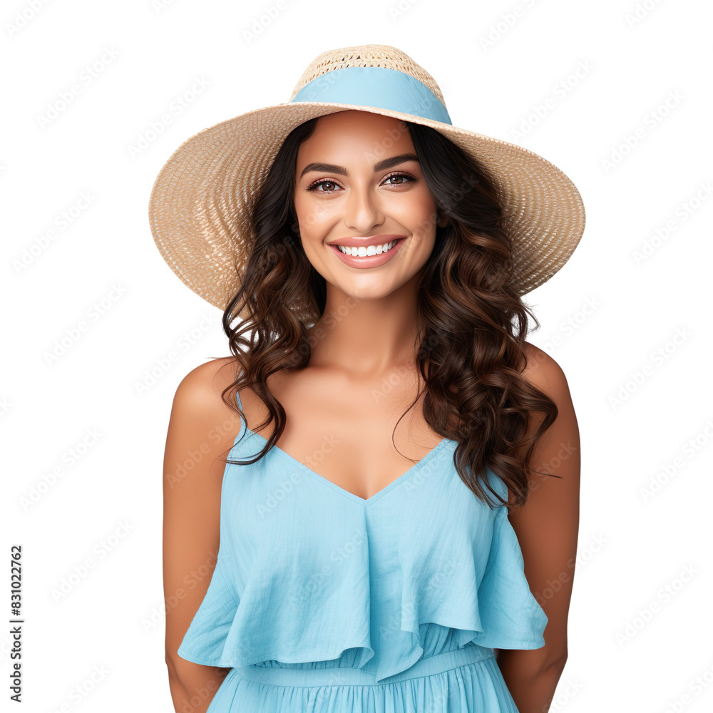 Front view mid shot of a beautiful Latin woman dressed in a sky blue sundress with a sun hat, isolated on a white transparent background Front view mid shot of a beautiful Latin woman dressed in a sky blue sundress with a sun hat, isolated on a white transparent background