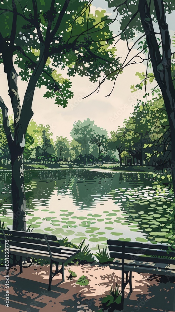 Fototapeta premium A tranquil park scene captured in minimalist digital artwork. The park features a calm lake with lily pads, a couple of benches under shady trees, and a clear sky. The simplicity of the design