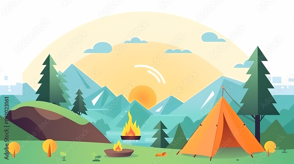 Fototapeta premium Vector camping tent in the forest.Summer camp with bonfire, tent, backpack . cartoon landscape with mountain, forest and campsite.