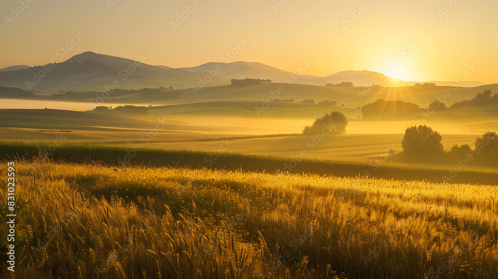 A beautiful landscape of a golden field during sunrise with a mountain range in the background.