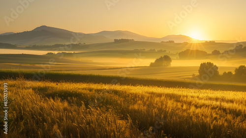 A beautiful landscape of a golden field during sunrise with a mountain range in the background.
