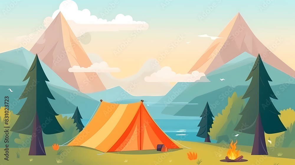 Vector camping tent in the forest.Summer camp with bonfire, tent, backpack . cartoon landscape with mountain, forest and campsite.