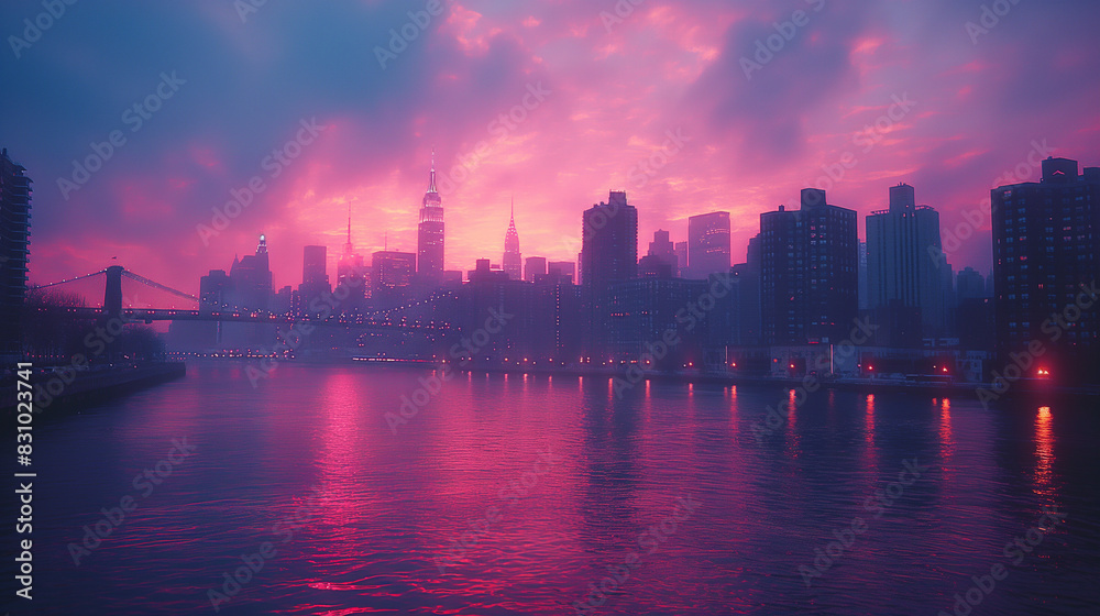 Naklejka premium Colorful lights emerging from Manhattan city at dusk.