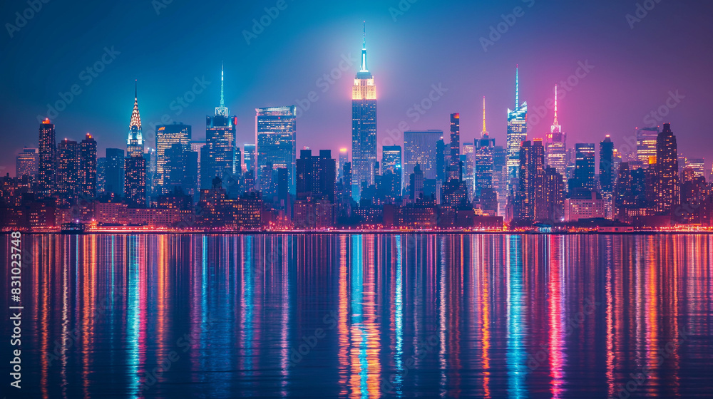 Fototapeta premium Colorful lights emerging from Manhattan city at dusk.