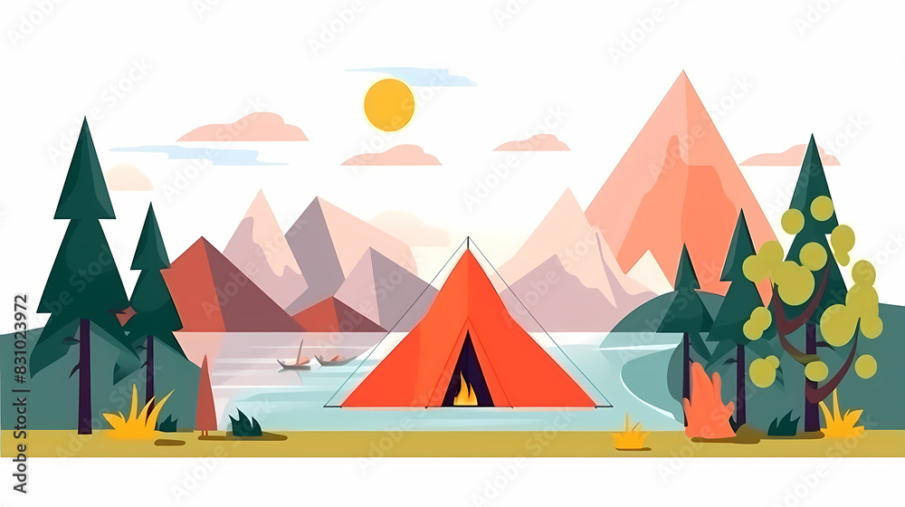 Vector camping tent in the forest.Summer camp with bonfire, tent, backpack . cartoon landscape with mountain, forest and campsite. Vector camping tent in the forest.Summer camp with bonfire, tent, backpack . cartoon landscape with mountain, forest and campsite.