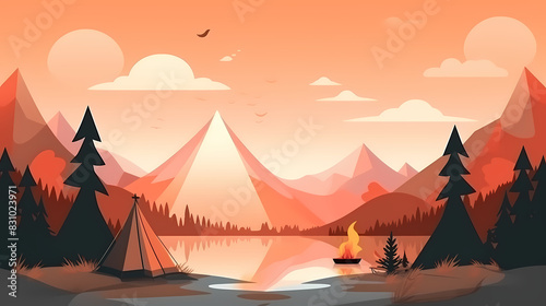 Vector camping tent in the forest.Summer camp with bonfire  tent  backpack . cartoon landscape with mountain  forest and campsite.