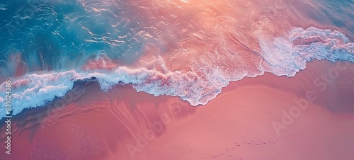 Fototapeta Naklejka Na Ścianę i Meble -  Aerial view of a tropical beach. Top view of pink beach at sunset. Beautiful sunset beach with pink sand. Bird's eye view of.
