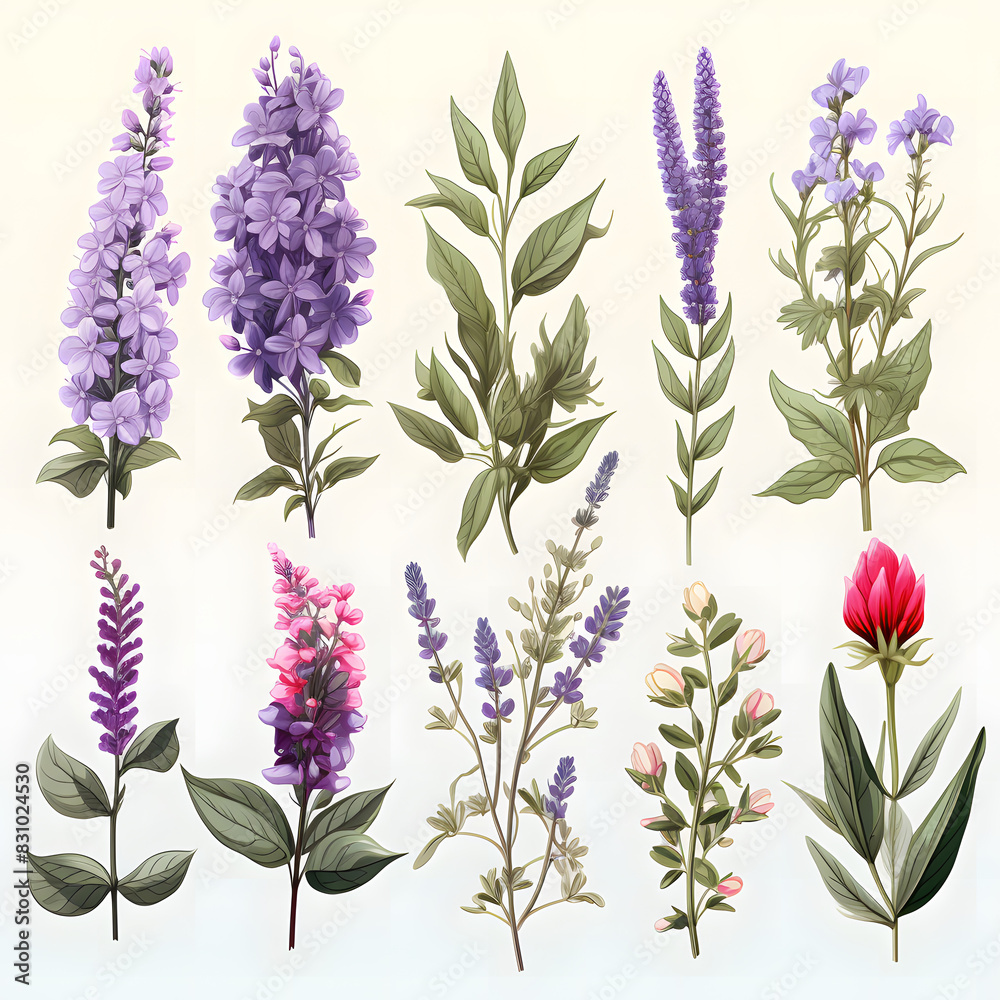 Fototapeta premium set of Salvia, plants, leaves and flowers. illustrations of beautiful realistic flowers for background, pattern or wedding invitations