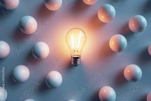 An electric energy-saving light bulb shines against the background of switched-off light bulbs, top view, concept of energy saving, energy technology photo