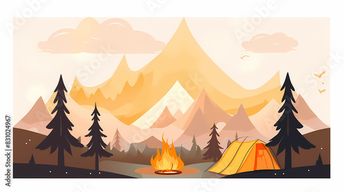 Vector camping tent in the forest.Summer camp with bonfire  tent  backpack . cartoon landscape with mountain  forest and campsite.