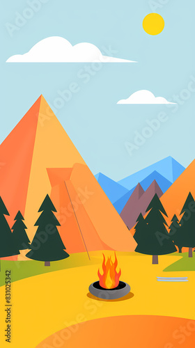 Vector camping tent in the forest.Summer camp with bonfire  tent  backpack . cartoon landscape with mountain  forest and campsite.