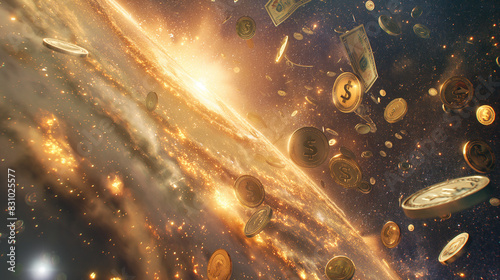  3d rendering bulging  phenomenon  of cash money  ,wave money , tsunami  cash ,tornado, explosion, Crypto ,bitcoin, Sci-fi effect ,Creative various for cash money and coin on white  isolate background photo