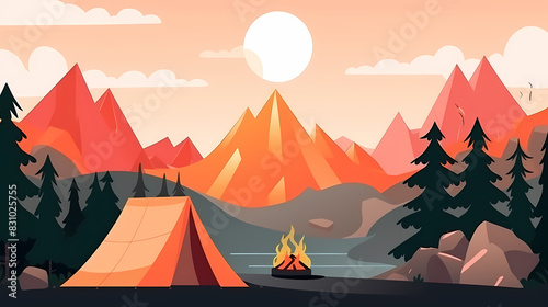 Vector camping tent in the forest.Summer camp with bonfire  tent  backpack . cartoon landscape with mountain  forest and campsite.