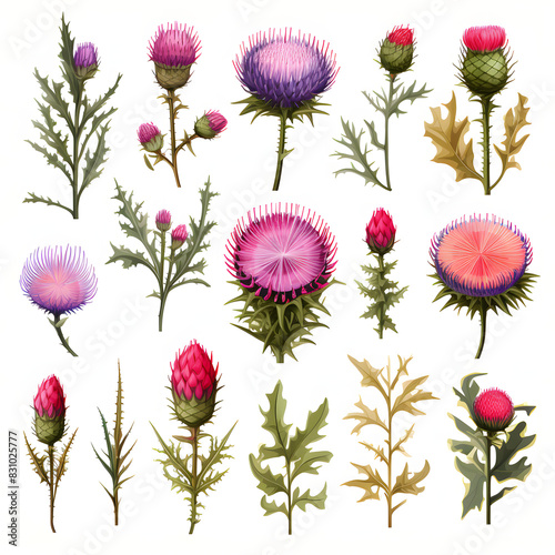 set of Thistle, plants, leaves and flowers. illustrations of beautiful realistic flowers for background, pattern or wedding invitations photo