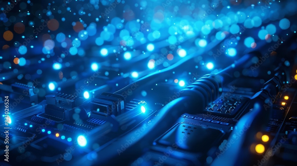 Blue illuminated cables connecting to a circuit board, representing technology and data transfer.