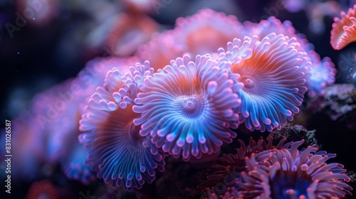 Close up under water photograph of a coral reef with colorful sea anemones