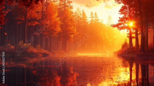 A cozy autumn forest scene at golden hour, illustrated with warm tones and soft lighting. The tranquil ambiance and serene environment invite relaxation, with the golden hour glow highlighting the © taelefoto