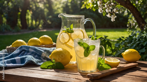 lemons and a pitcher of lemonade sit on a table.