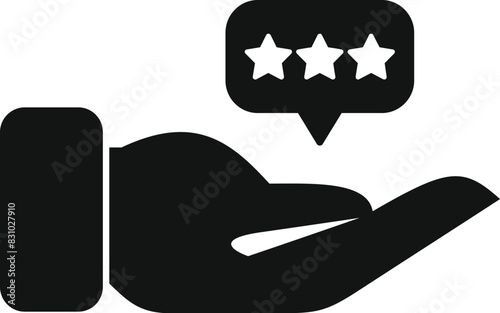 Black icon of a hand presenting a fivestar review bubble, denoting topnotch quality or service photo