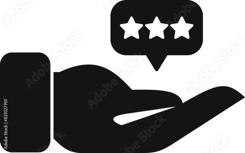 Black icon of a hand presenting a fivestar review bubble, denoting topnotch quality or service