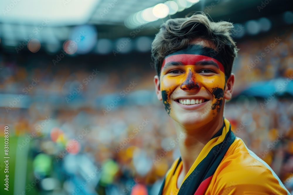 German soccer fan man with national flag of german painted on his face. Celebrating crowd in a stadium. Cheering during a match in stadium German soccer fan man with national flag of german painted on his face. Celebrating crowd in a stadium. Cheering during a match in stadium