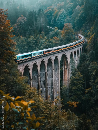 Train traveling over a stone arch bridge in a lush green forest.