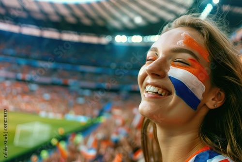 Dutch soccer fan woman with national flag of netherland painted on her face. Celebrating crowd in a stadium. Cheering during a match in stadium photo