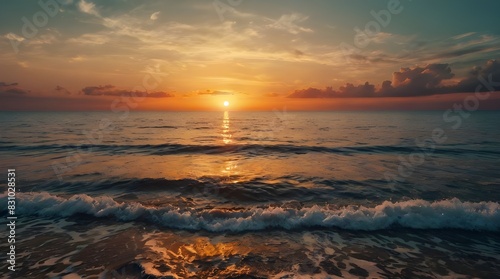 Sunrise over the sea  water waves  beautiful beach view.