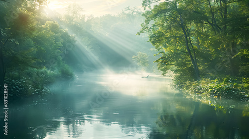 A peaceful river winding through a dense forest  with mist rising from the water in the early morning light  creating a mystical and calm atmosphere