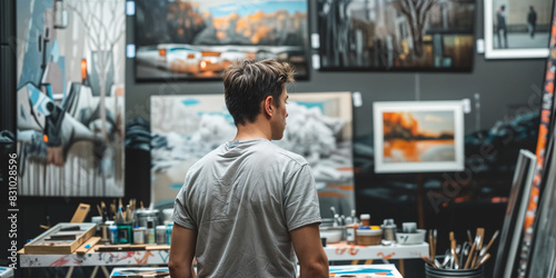 A man working at an exhibition: A picture of a man working at an art exhibition or art event. photo