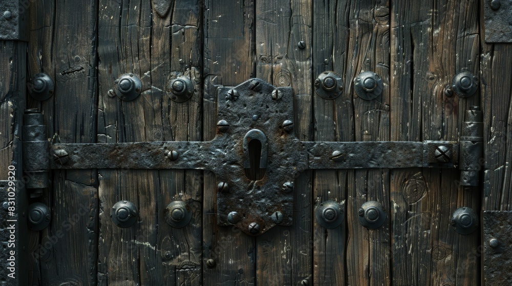 Close-up of a heavy wooden fortress door with a large iron lock and keyhole, medieval design, isolated background, studio lighting