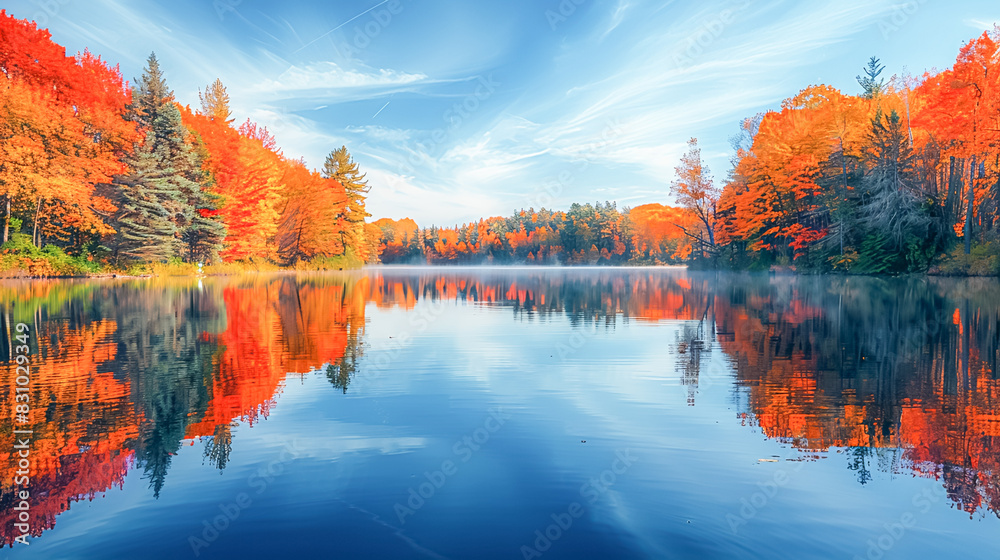 Fototapeta premium A serene lake surrounded by autumn foliage, with the water perfectly reflecting the colorful trees and sky, creating a picturesque scene