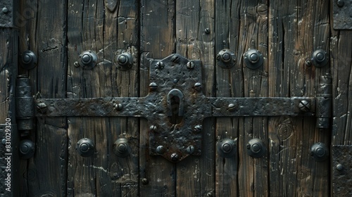 Close-up of a heavy wooden fortress door with a large iron lock and keyhole, medieval design, isolated background, studio lighting