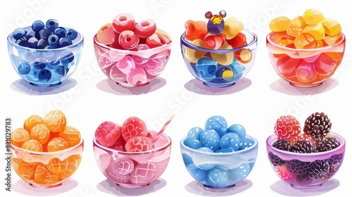 Colorful glass bowls with fresh berries. Blueberries, lingonberries, raspberries, strawberries, red and yellow currants.