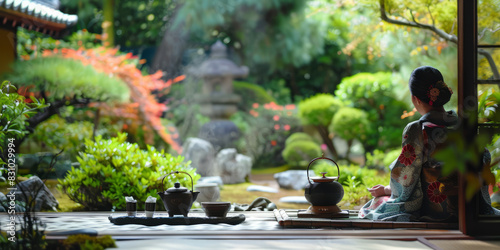 a traditional tea ceremony with participants in a serene garden photo