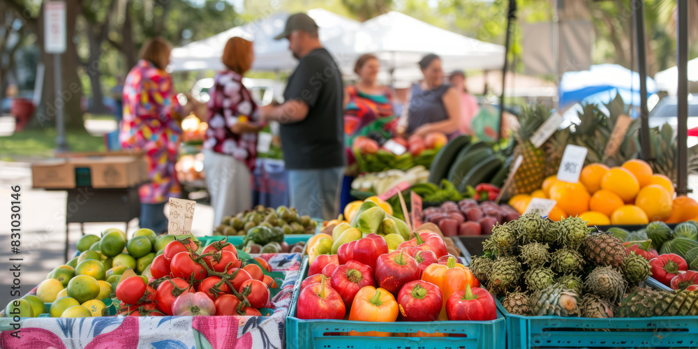 a vibrant farmers' market with colorful produce and smiling vendors